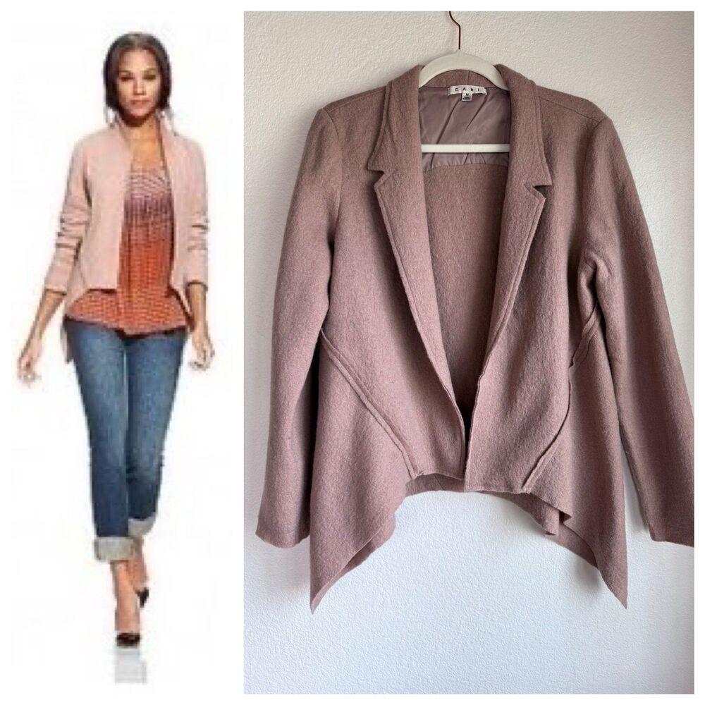 CAbi Rosewater Boiled Wool Valentina Open Front Blazer Jacket in Blush Pink M